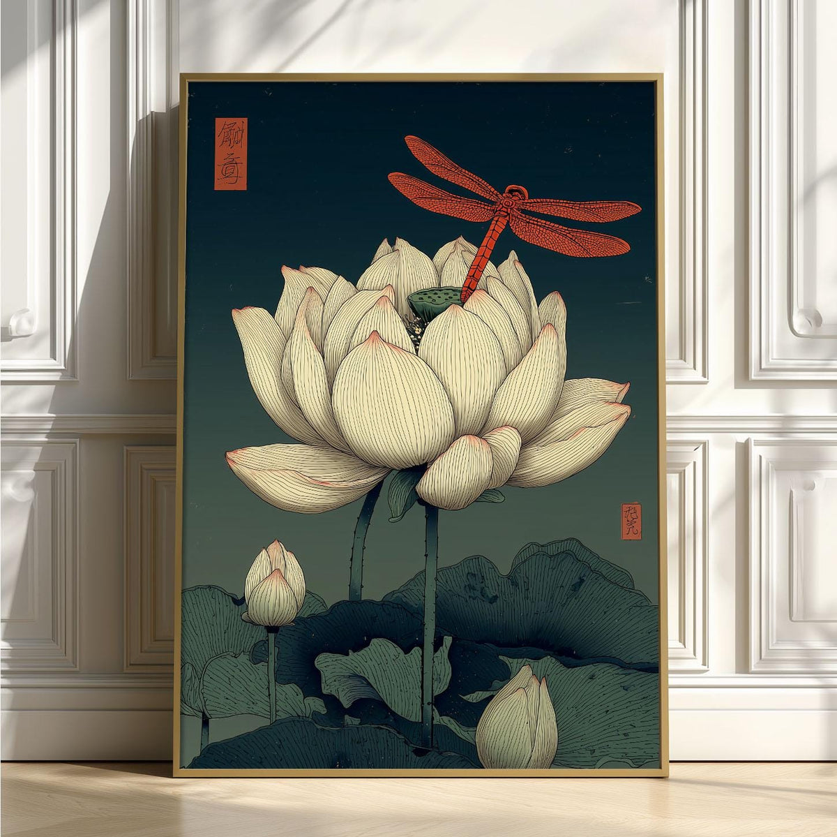 Lotus Dragonfly Poster, Japanese Botanical Print, Zen Floral Wall Art