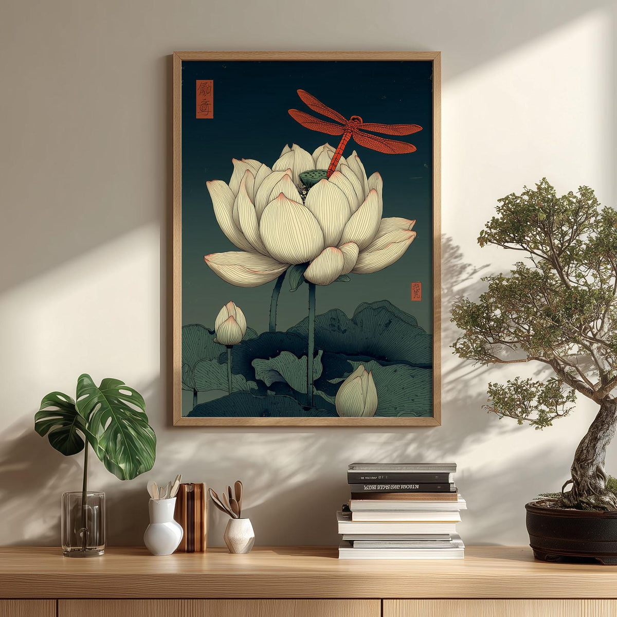 Lotus Dragonfly Poster, Japanese Botanical Print, Zen Floral Wall Art