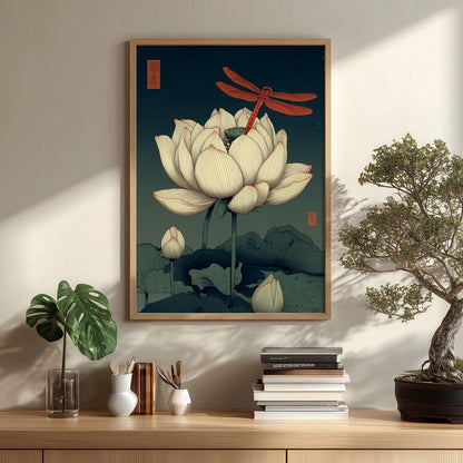 Lotus Dragonfly Poster, Japanese Botanical Print, Zen Floral Wall Art