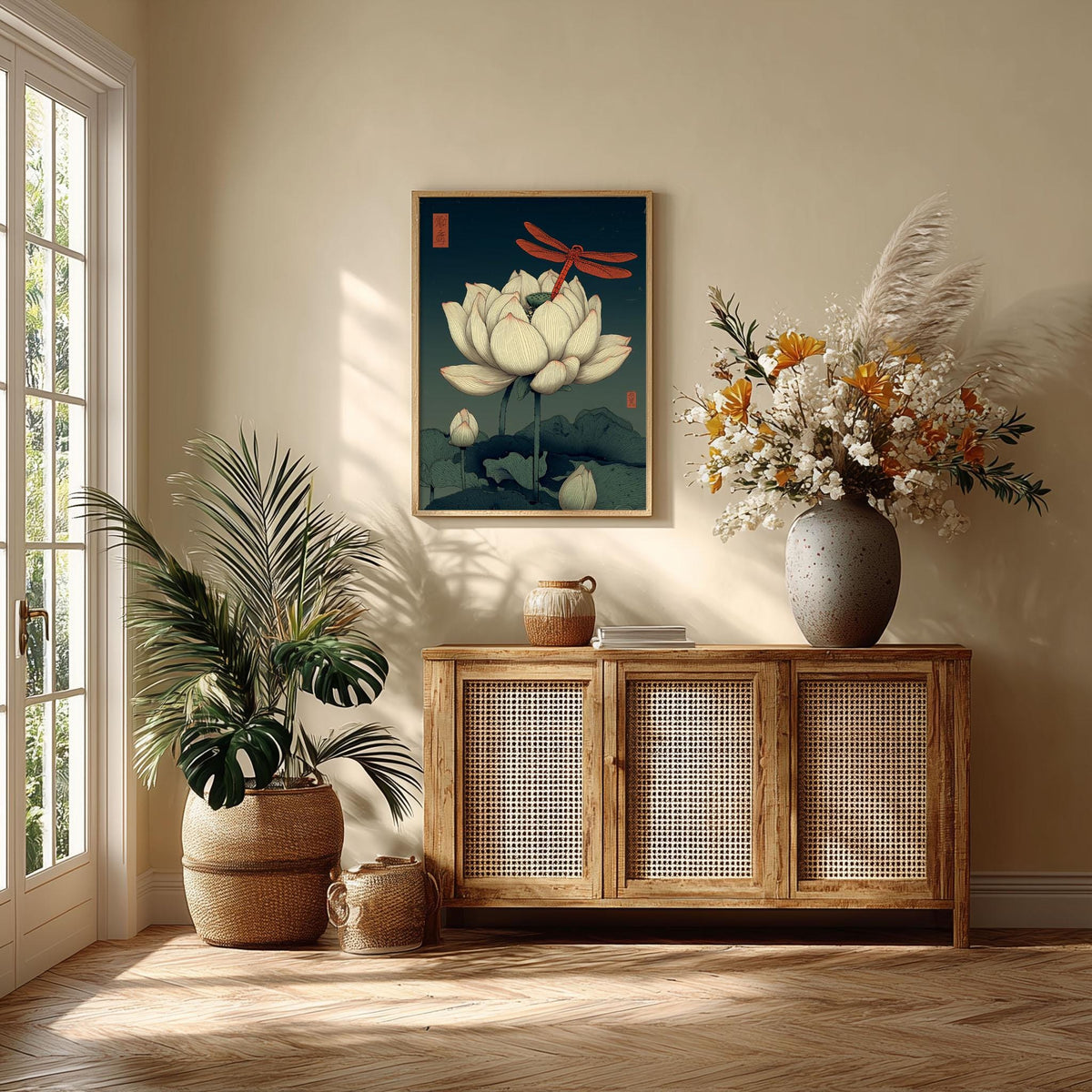 Lotus Dragonfly Poster, Japanese Botanical Print, Zen Floral Wall Art