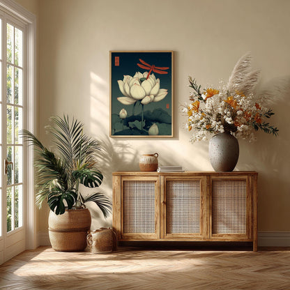 Lotus Dragonfly Poster, Japanese Botanical Print, Zen Floral Wall Art
