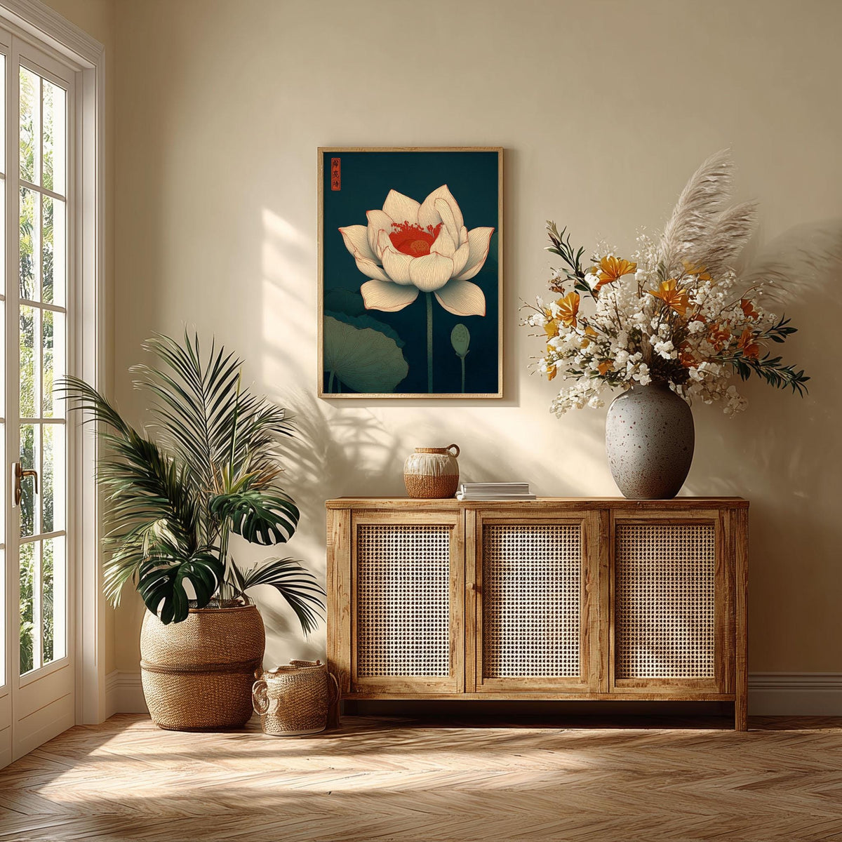 White Lotus Poster, Japanese Botanical Print, Zen Floral Wall Art