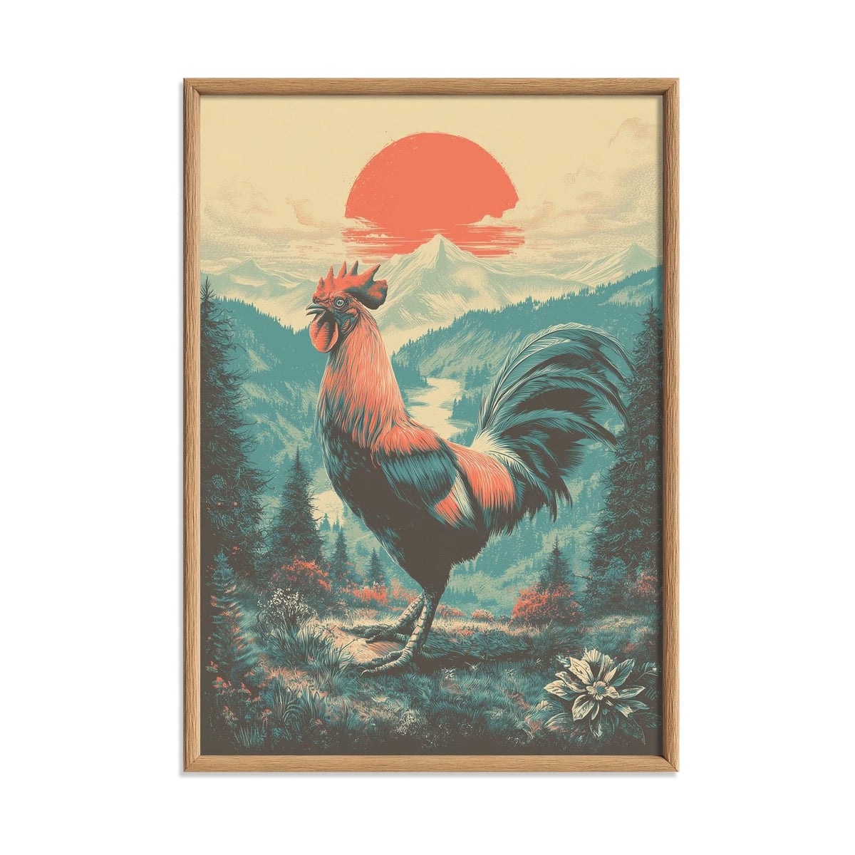 Rooster Poster, Vintage Landscape Print, Farmhouse Wall Art