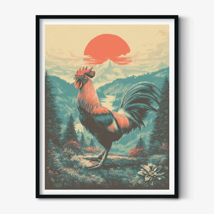 Rooster Poster, Vintage Landscape Print, Farmhouse Wall Art
