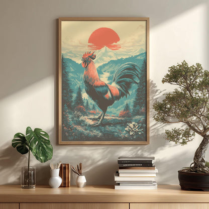 Rooster Poster, Vintage Landscape Print, Farmhouse Wall Art