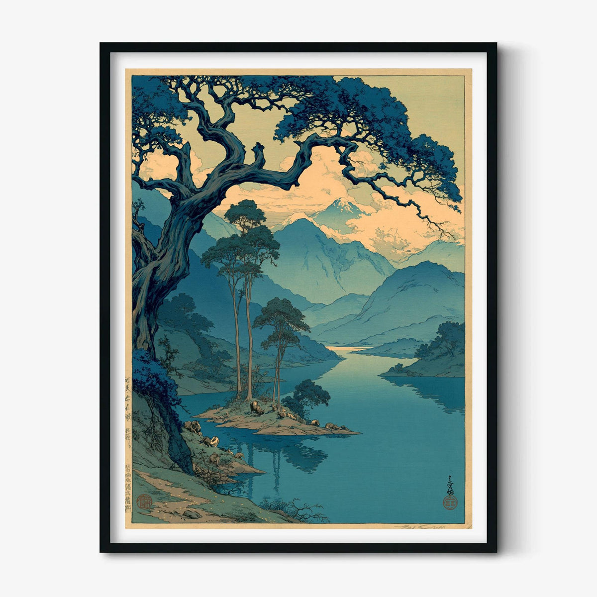 Mountain Lake Poster, Japanese Woodblock Print, Blue Landscape Wall Art