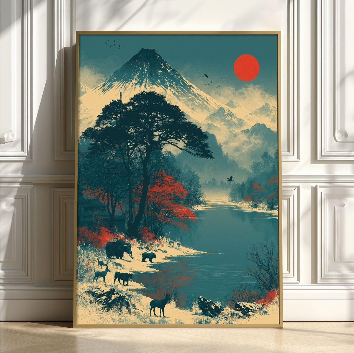 Mountain Wildlife Poster, Japanese Landscape Print, Red Sun Lake Wall Art