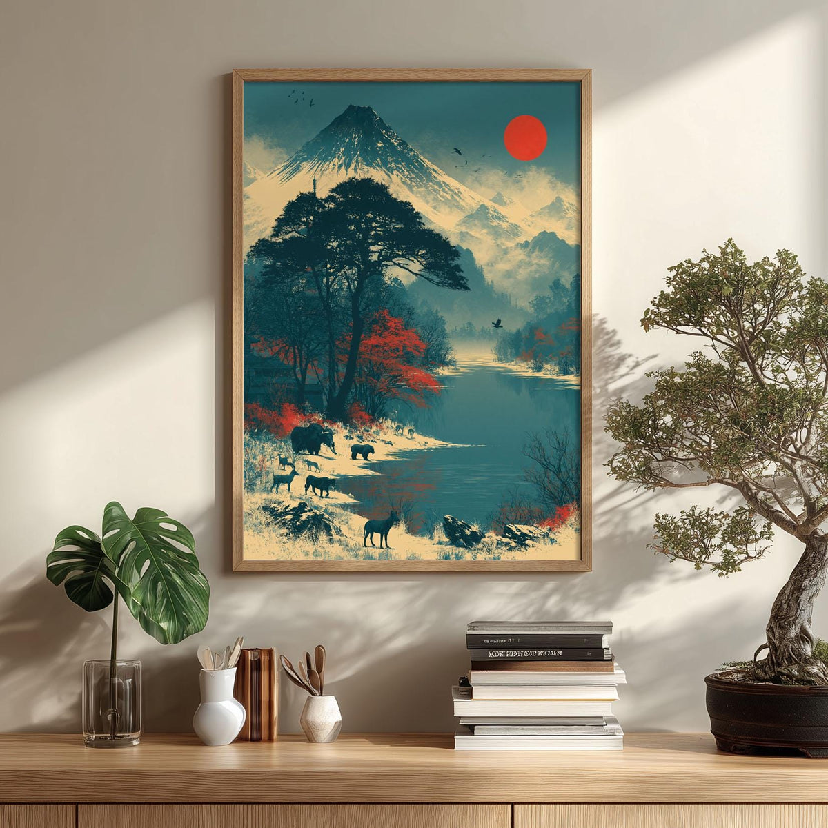 Mountain Wildlife Poster, Japanese Landscape Print, Red Sun Lake Wall Art