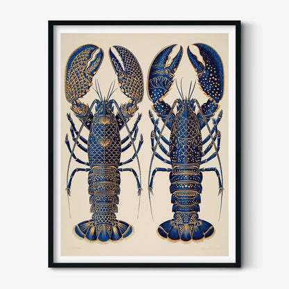 Blue Lobster Poster, Coastal Seafood Print, Nautical Kitchen Wall Art