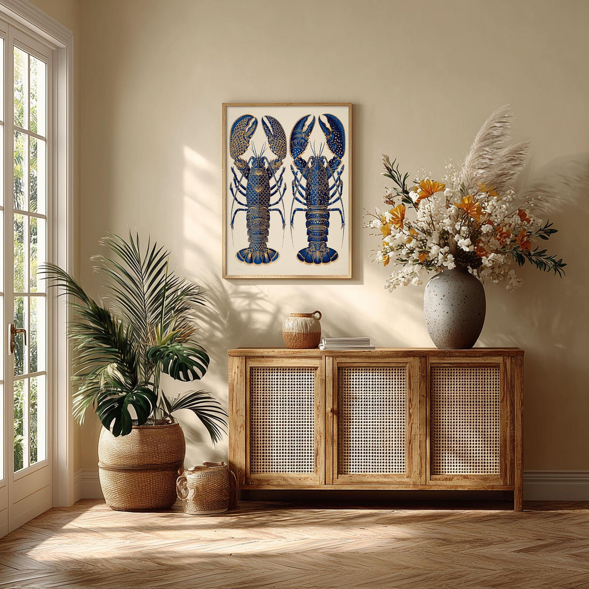 Blue Lobster Poster, Coastal Seafood Print, Nautical Kitchen Wall Art
