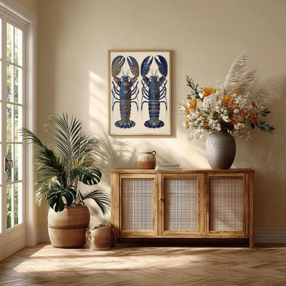 Blue Lobster Poster, Coastal Seafood Print, Nautical Kitchen Wall Art