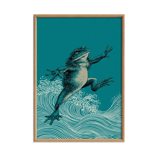 Leaping Frog Poster, Japanese Wave Print, Teal Pond Wall Art