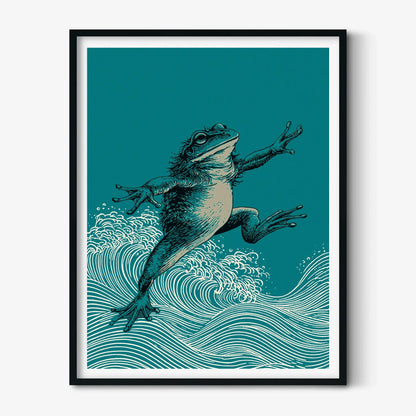 Leaping Frog Poster, Japanese Wave Print, Teal Pond Wall Art