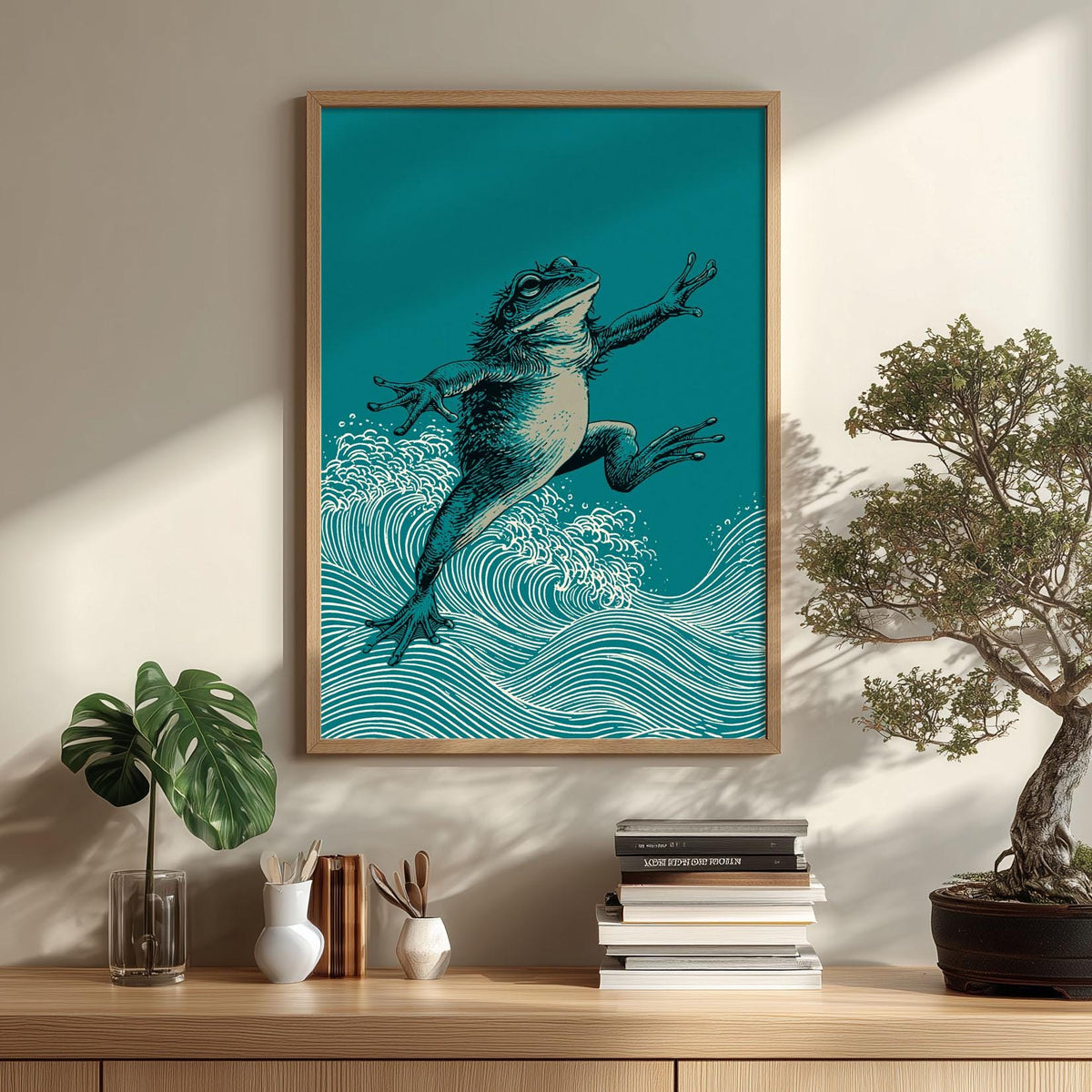 Leaping Frog Poster, Japanese Wave Print, Teal Pond Wall Art
