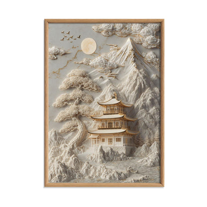 Golden Temple Poster, Japanese Landscape Print, White Mountain Wall Art