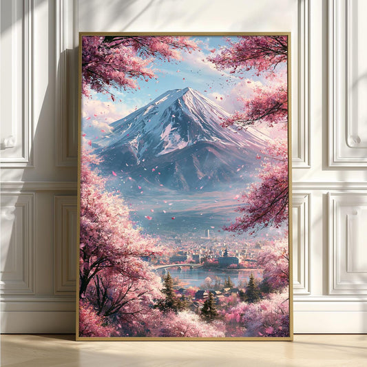 Mount Fuji Poster, Cherry Blossom Print, Japanese Landscape Wall Art