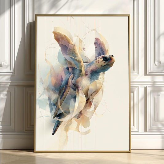 Sea Turtle Wall Art Print, Coastal Bathroom Decor, Abstract Ocean Animal Poster