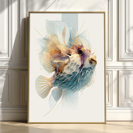 Abstract Pufferfish Wall Art, Geometric Ocean Life Print, Coastal Bathroom Decor