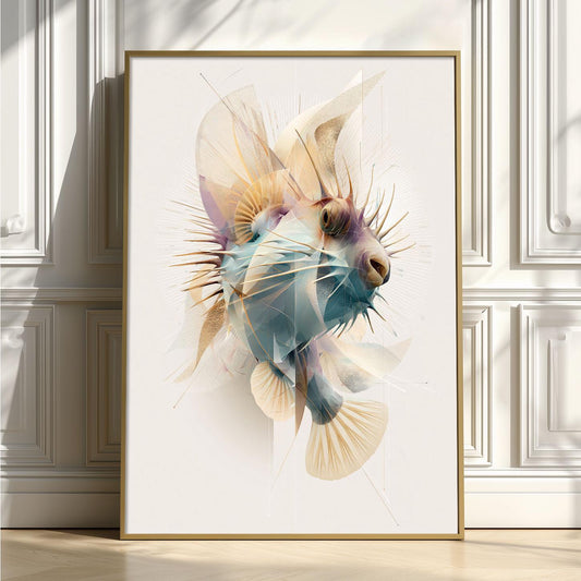 Geometric Pufferfish Poster, Abstract Sea Life Print, Pastel Marine Wall Art