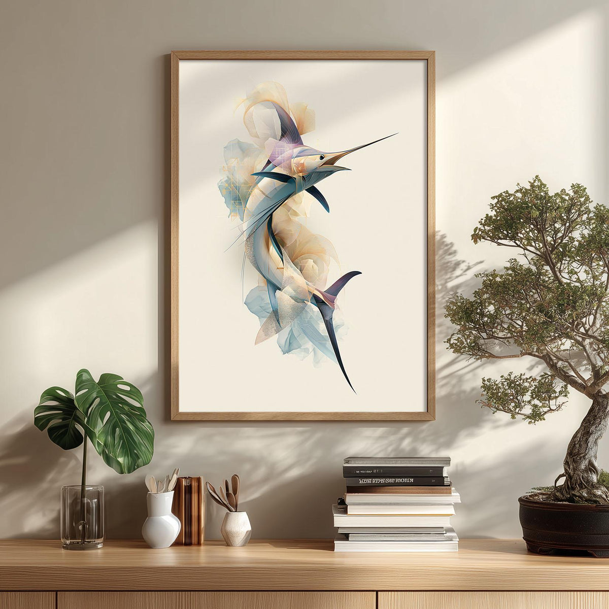 Swordfish Wall Art, Abstract Marlin Print, Modern Coastal Bathroom Poster, Ocean Fish Decor