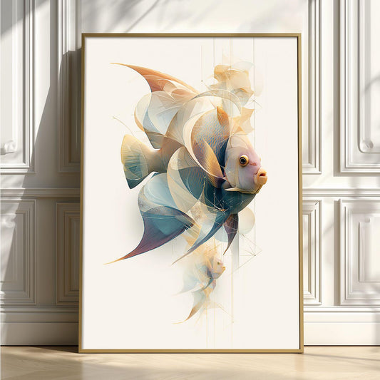 Abstract Blue Angelfish Print, Pastel Coastal Bathroom Decor, Modern Aquarium Art