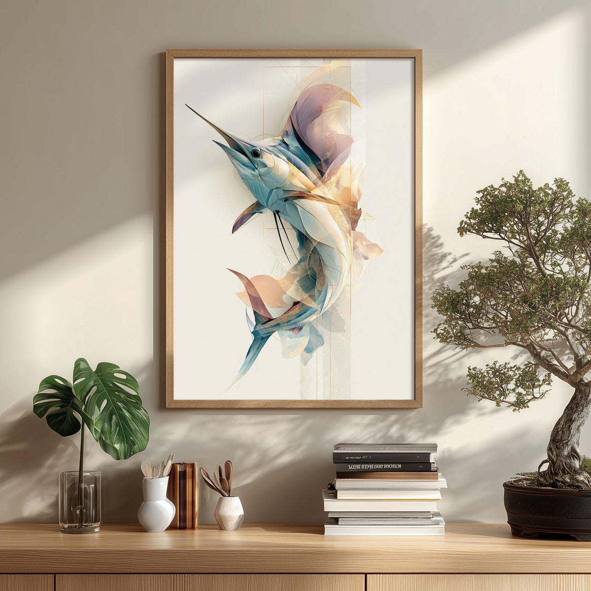 Marlin Poster, Abstract Billfish Print, Modern Ocean Wall Art, Coastal Bathroom Decor