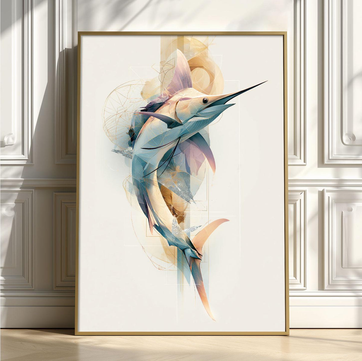Abstract Sailfish Print, Geometric Marlin Wall Art, Coastal Ocean Decort