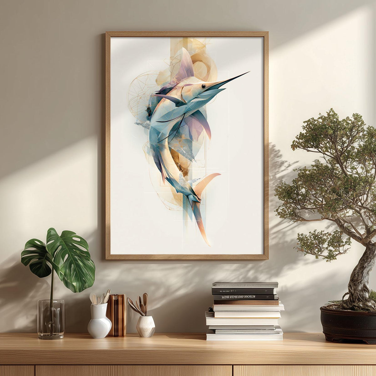 Abstract Sailfish Print, Geometric Marlin Wall Art, Coastal Ocean Decort