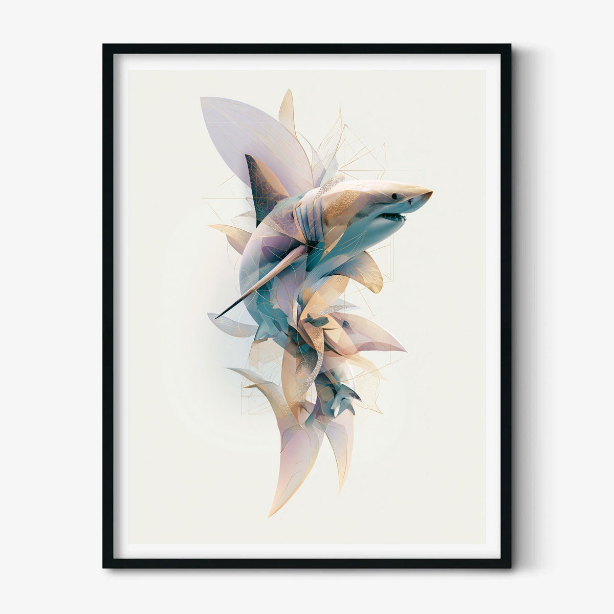 Great White Shark Wall Art Print, Abstract Shark Poster, Geometric Ocean Animal Art, Nautical Coastal Decor, Beach House