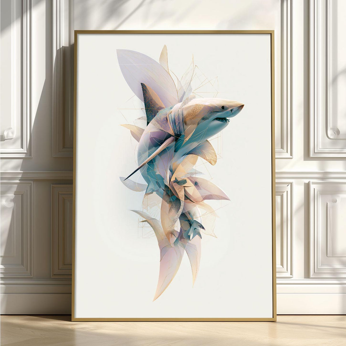 Great White Shark Wall Art Print, Abstract Shark Poster, Geometric Ocean Animal Art, Nautical Coastal Decor, Beach House