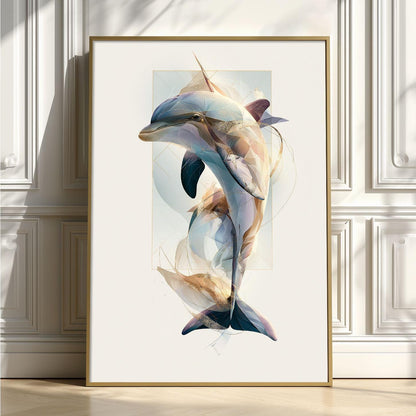 Dolphin Wall Art Print, Abstract Geometric Dolphin Poster, Ocean Animal Art, Coastal Beach House Decor, Nautical Sea Life
