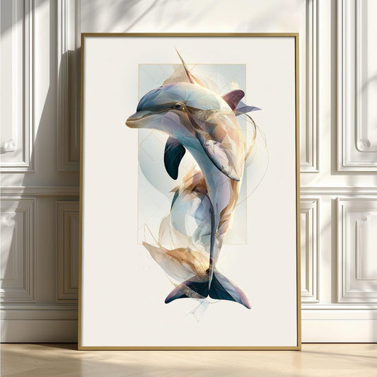Dolphin Wall Art Print, Abstract Geometric Dolphin Poster, Ocean Animal Art, Coastal Beach House Decor, Nautical Sea Life