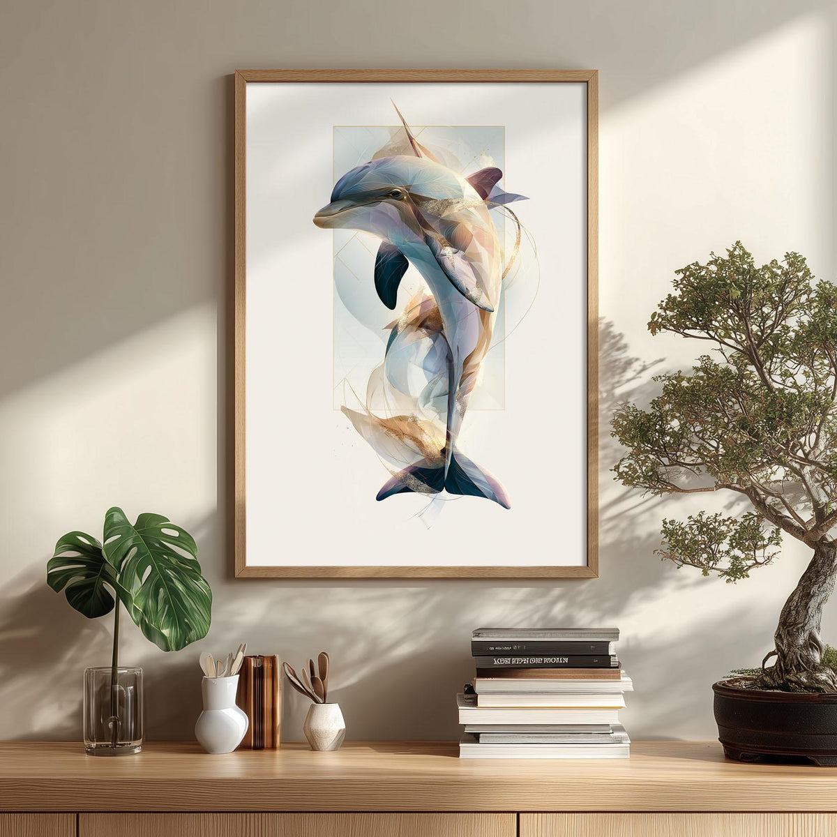 Dolphin Wall Art Print, Abstract Geometric Dolphin Poster, Ocean Animal Art, Coastal Beach House Decor, Nautical Sea Life