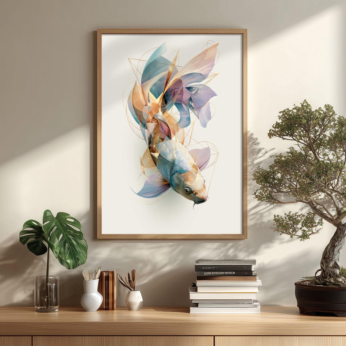 Geometric Koi Fish Print, Abstract Watercolour Wall Art, Coastal Ocean Decor