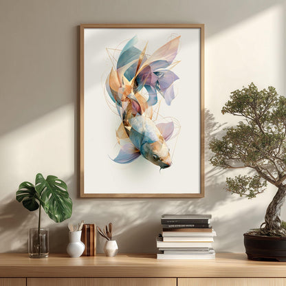 Geometric Koi Fish Print, Abstract Watercolour Wall Art, Coastal Ocean Decor