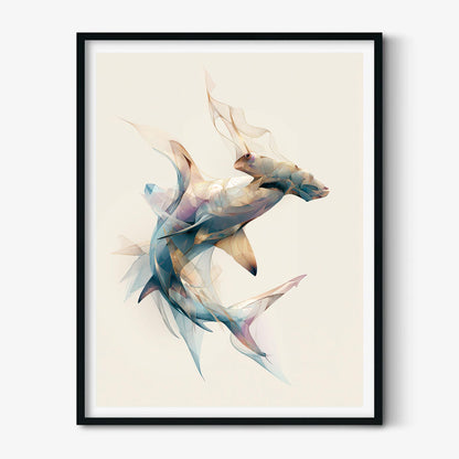 Abstract Hammerhead Shark Art Print, Geometric Ocean Animal Poster, Coastal Decor