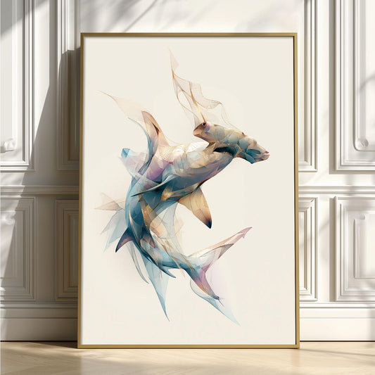 Abstract Hammerhead Shark Art Print, Geometric Ocean Animal Poster, Coastal Decor