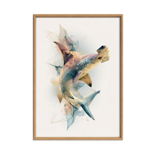 Hammerhead Shark Wall Art Print, Abstract Geometric Shark Poster, Ocean Animal Art, Coastal Beach House Decor, Nautical Sea