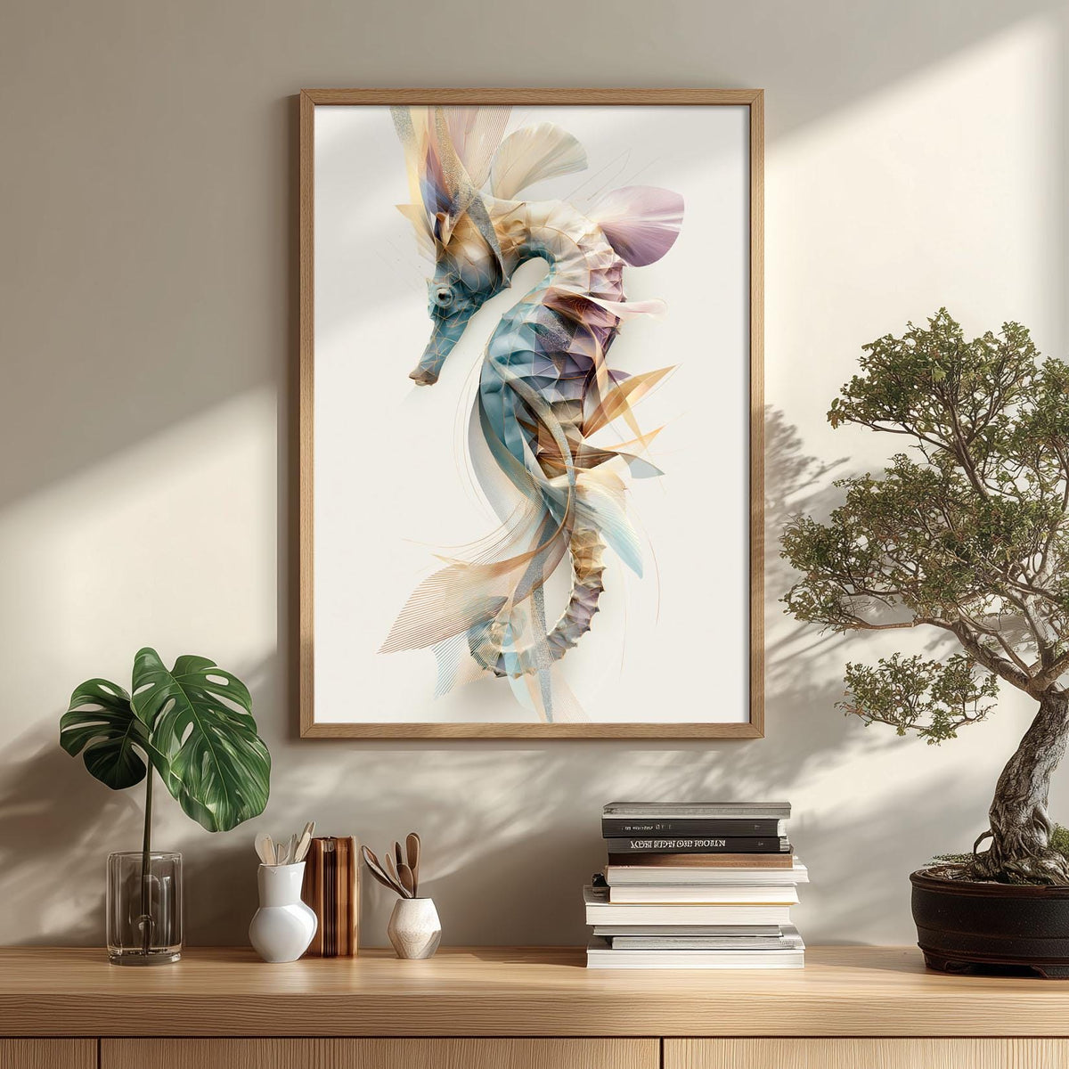 Seahorse Wall Art Print, Abstract Geometric Seahorse Poster, Ocean Animal Art, Coastal Bathroom Decor, Nautical Sea Life
