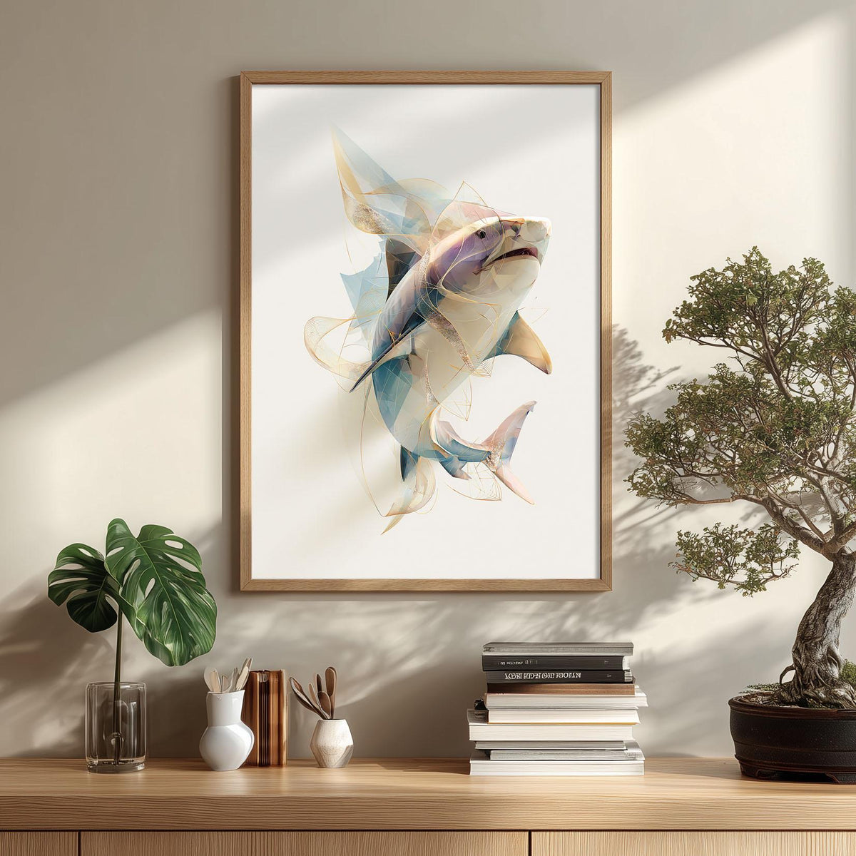 Tiger Shark Wall Art Print, Abstract Geometric Shark Poster, Ocean Animal Art, Coastal Wall Decor, Modern Marine Wall Decor