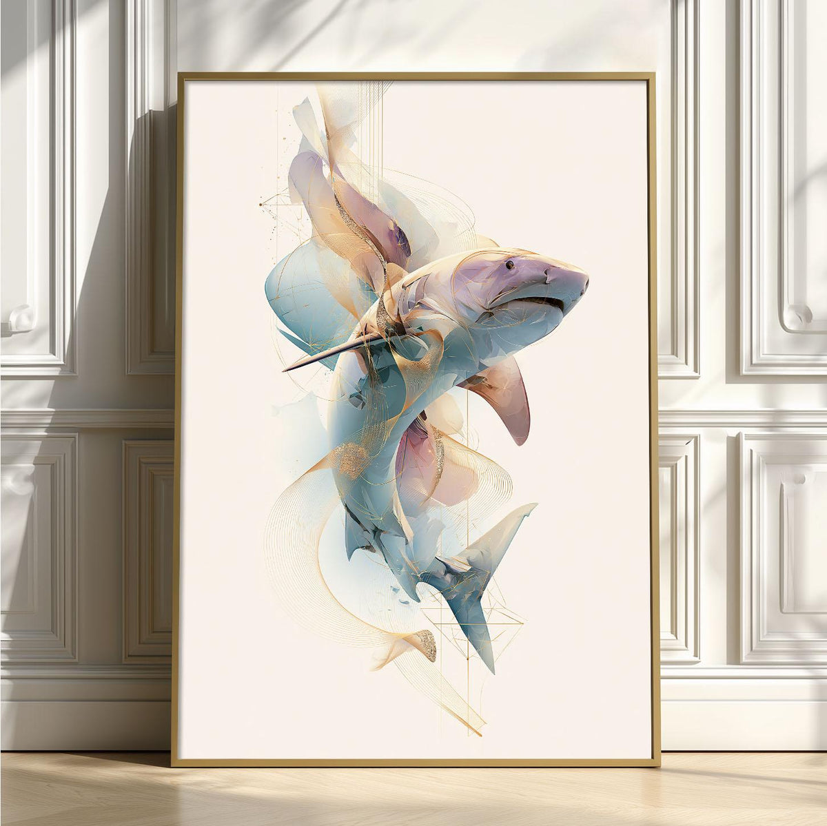 Abstract Geometric Tiger Shark Print, Modern Marine Coastal Wall Art