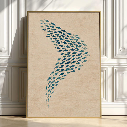 Abstract Fish Wall Art, Blue Coastal Poster Print, Minimalist Ocean Wall Picture, Nautical Sea Life Art Print