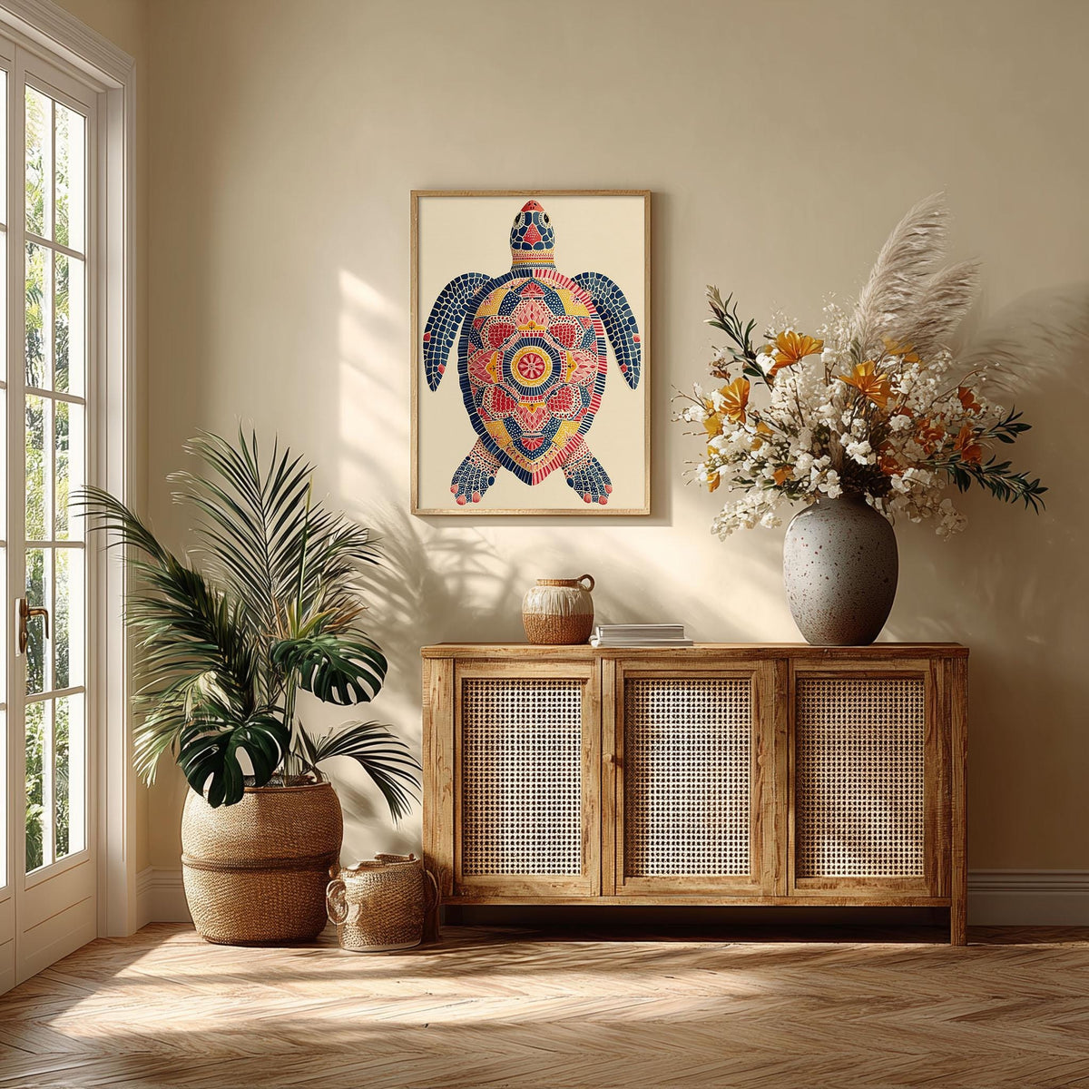Mosaic Sea Turtle Wall Art, Colourful Coastal Beach House Poster Print