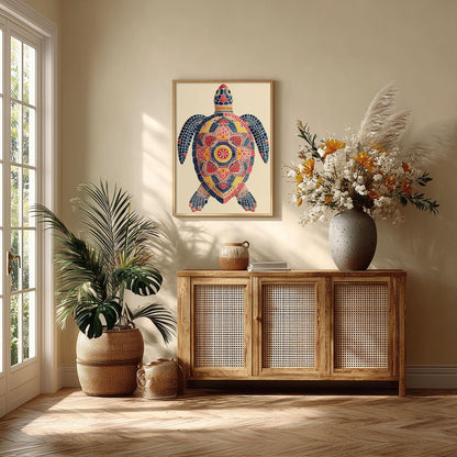 Mosaic Sea Turtle Wall Art, Colourful Coastal Beach House Poster Print