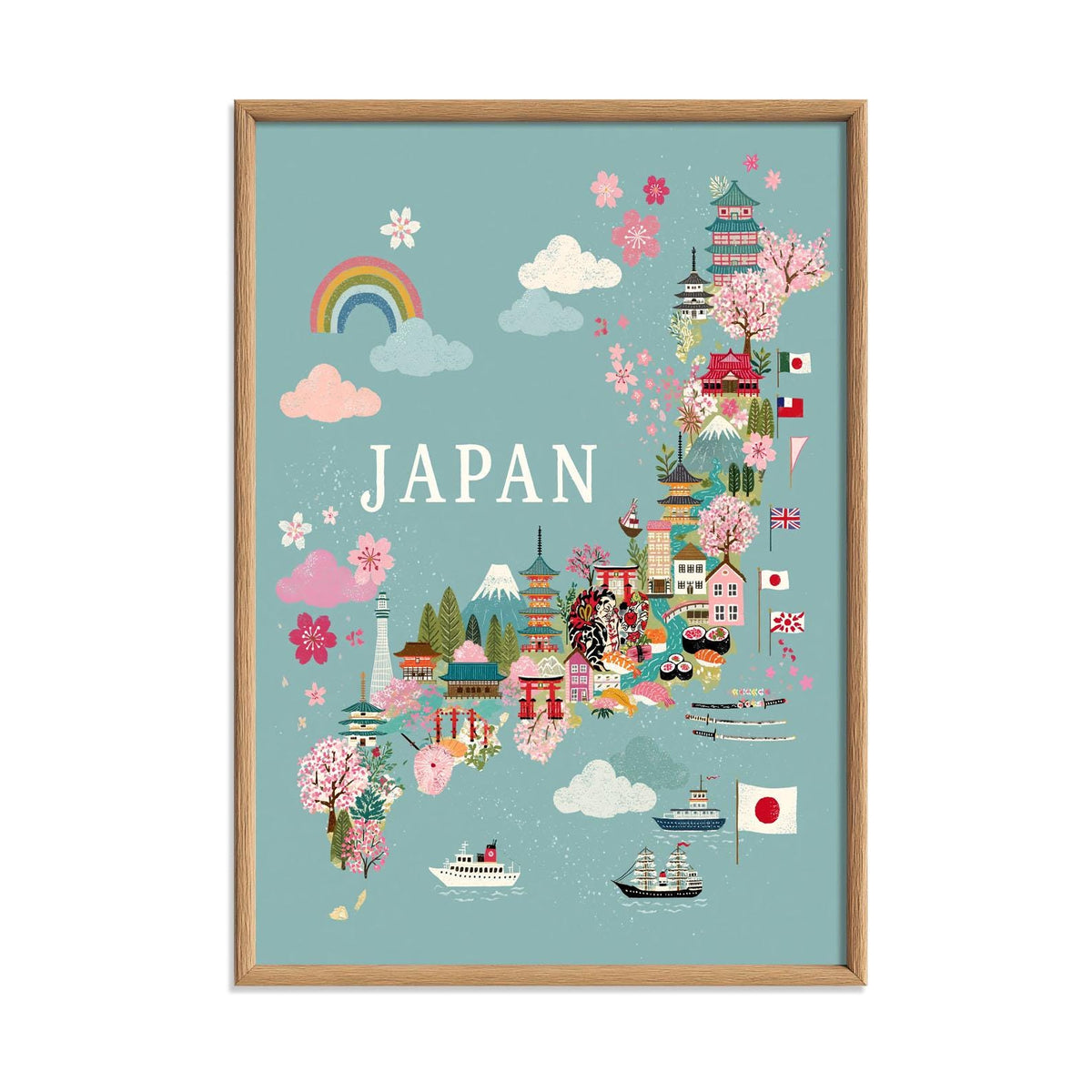 Japan Map Art Print, Colourful Travel Poster, Cherry Blossom Nursery Decor