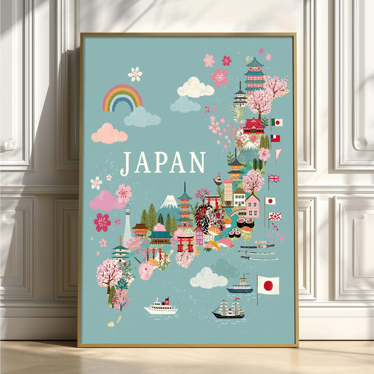Japan Map Art Print, Colourful Travel Poster, Cherry Blossom Nursery Decor