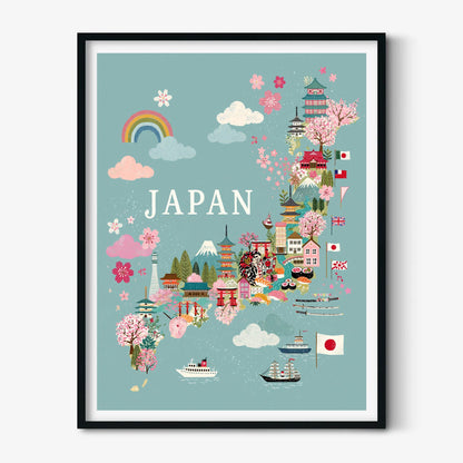 Japan Map Art Print, Colourful Travel Poster, Cherry Blossom Nursery Decor