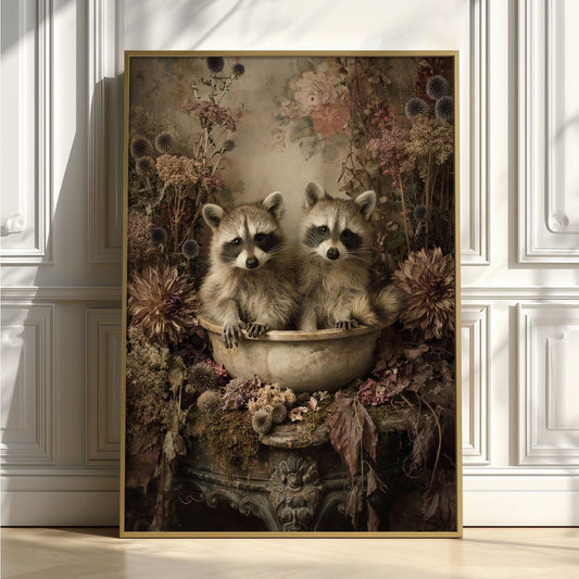 Vintage Raccoon Woodland Art Print, Moody Floral Nursery Decor