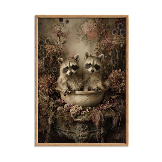 Vintage Raccoon Woodland Art Print, Moody Floral Nursery Decor