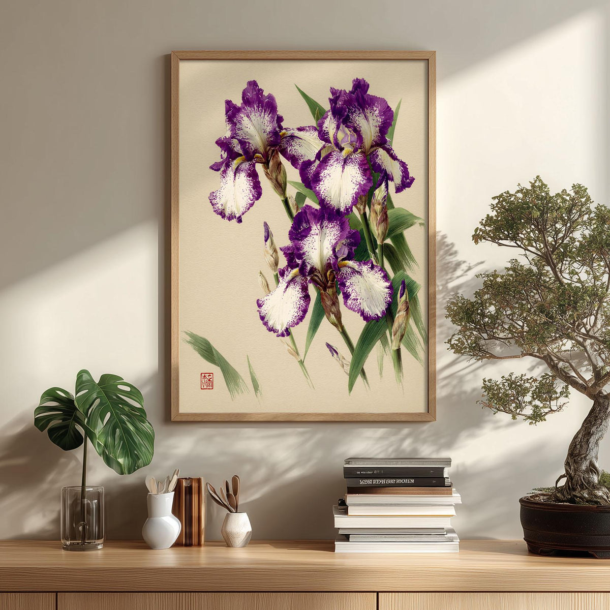 Purple Iris Botanical Art Print, Vintage Floral Japanese Garden Poster